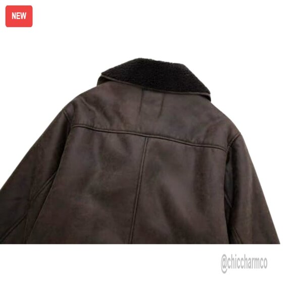 Oversized Faux Suede Moto Jacket Sherpa Lined Winter Biker Coat Y2K Retro - Picture 4 of 7